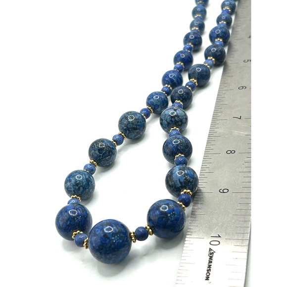 Vintage Art Deco Glass Balls Blue Gold Swirly Bead Necklace Hook Closure - Picture 8 of 8